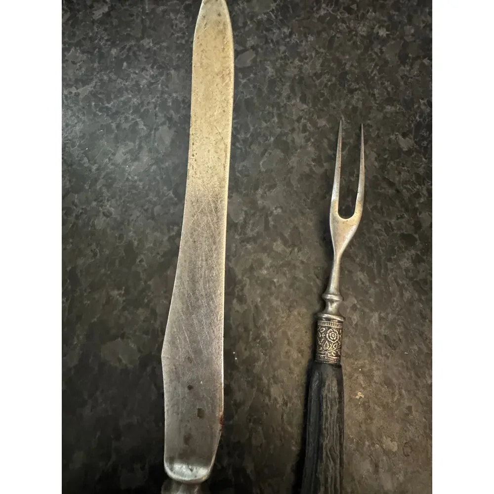 Antique Stag Handle Carving Knife & Fork Set Silver Ferrule Victorian Era